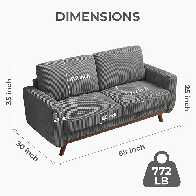 Vesgantti 68" Loveseat Sofa Dark Gray, Comfy Corduroy Couch - Image 2