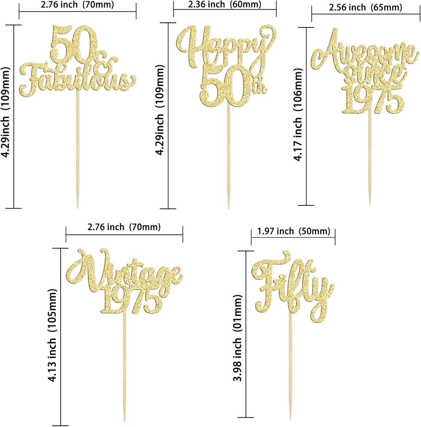 30Pcs Vintage 1975 Cupcake Toppers Glitter Fifty Happy 50th Birthday 50 Fabulous Cupcake Picks Cheers to 50 Years for 50th Birthday Wedding Anniversary Party Cake Decorations Supplies Gold