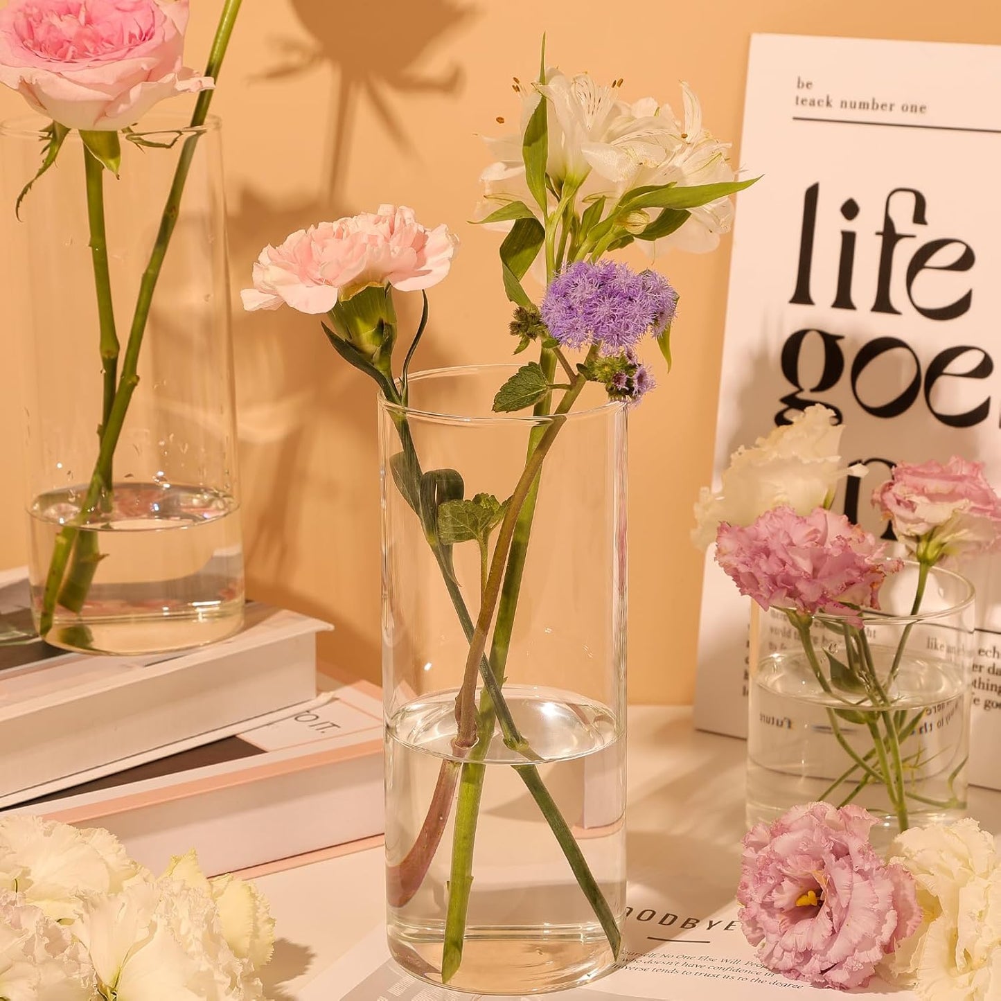 12Pcs Glass Cylinder Vases 8 Inch Tall Clear Flower Vases for Centerpieces Wedding Decoration, Hurricane Floating Candle Holder for Party Table Home Decor