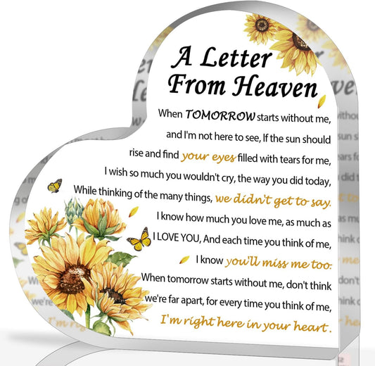 Sympathy Gifts - A Letter from Heaven- Memorial Gift for Loss of Mother Father Husband Son, Acrylic Heart Keepsake,Remembrance Sympathy Gifts （Sunflower）