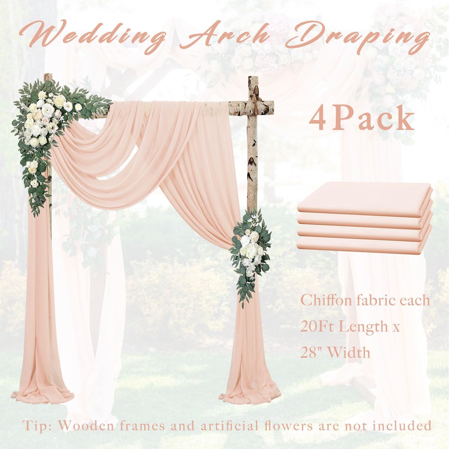 4 Panels 20Ft Length x 28" Width Light Peach Wedding Arch Draping Fabric Arch Drapes Chiffon Fabric Sheer Curtains Backdrop for Party Bridal Decorations Wedding Ceremony Ceiling Stage Reception Decor