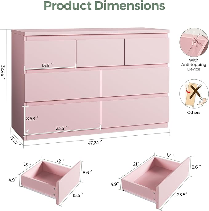 Jocoevol Modern Pink 7 Drawer Dresser - Image 2
