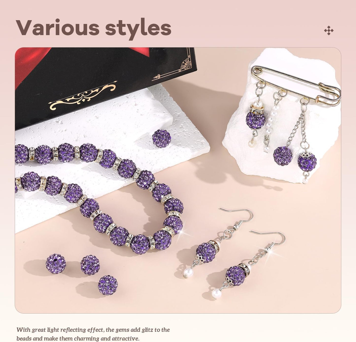 105pcs 10mm Rhinestone Beads for Jewelry Making, Purple Shiny Round Disco Ball Beads Bulk, Sparkle Crystal Clay Christmas for Bracelet Baseball Necklace Earring Crafting and DIY