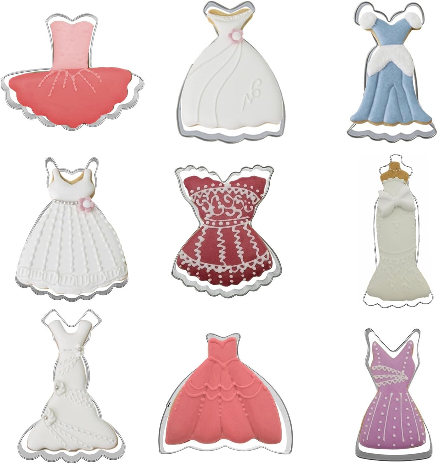 Mini Dress Cookie Cutter Set of 9 pcs, Stainless Steel Mini ONE-BITE SIZE Wedding Dress Shaped Fondant Cutters Baking Molds