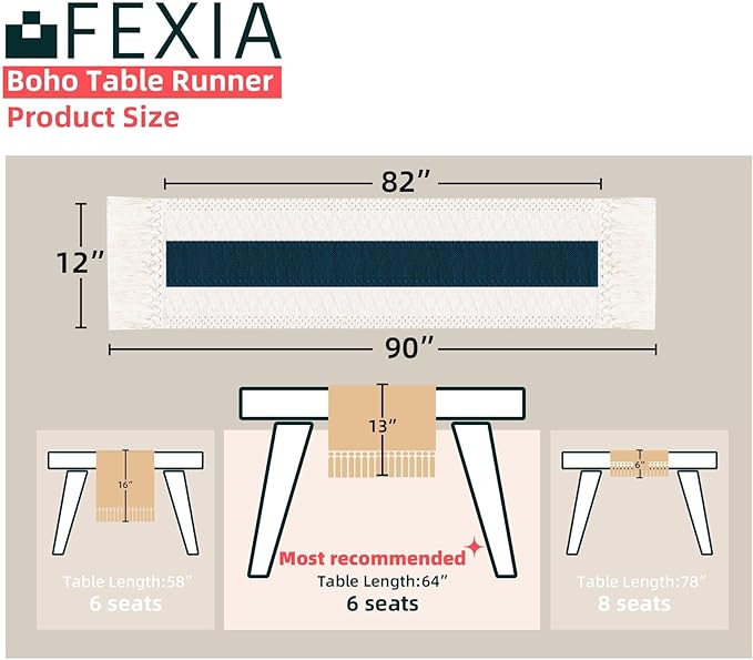 FEXIA Boho Blue Table Runner 90 Inches Long - Image 2