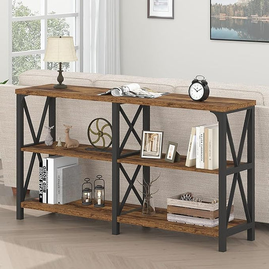 LVB Wood Console Table, Rustic 3 Tier Sofa Table Behind Couch, Industrial Metal by LVB