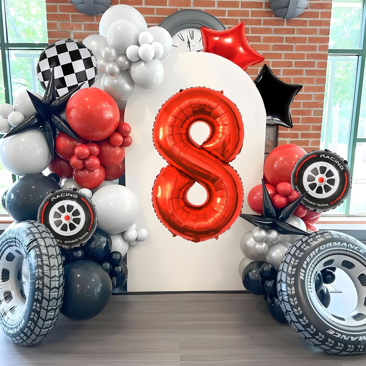 Race Car Birthday Decorations - 40 Inch Mylar Red Number 8 Balloons - Black Foil Checkered Race Car Balloons for 8st Birthday Race Cars Themed Party Decorations Supplies