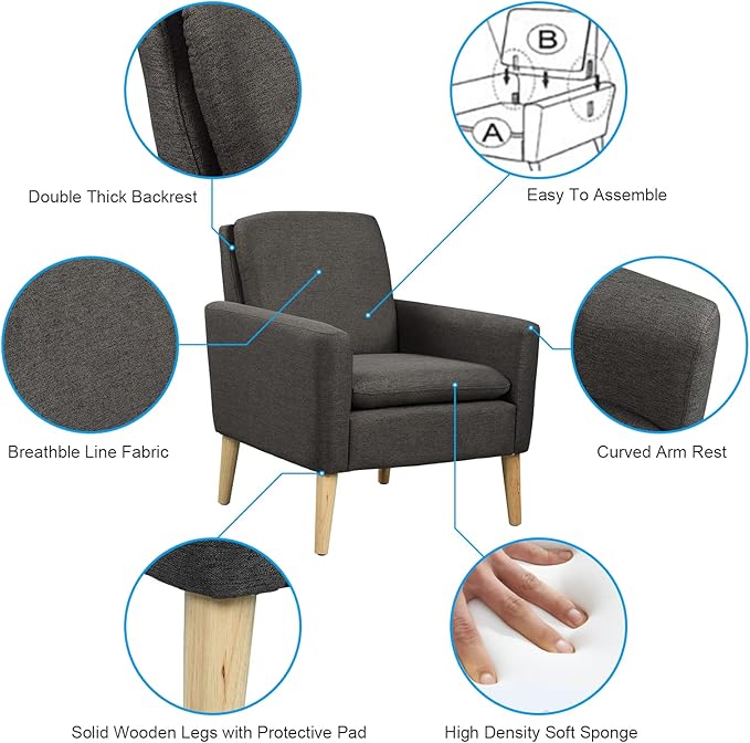 Modern Accent Chair for Living Room, Comfy Upholstered Linen Fabric Single Sofa - Image 6