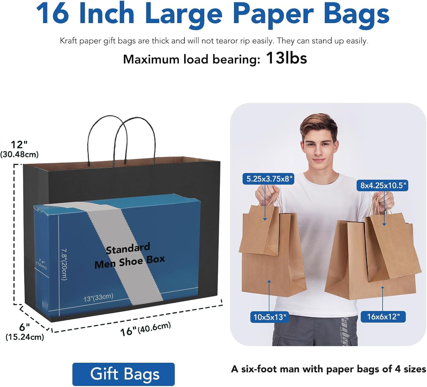 GSSUSA Large Paper Bags with Handles16x6x12 25 Pack, Gift Bag for Small Business, Paper Shopping Bag, Grocery, Food Service Take Out, Large Kraft Paper Bags, Bulk, Black