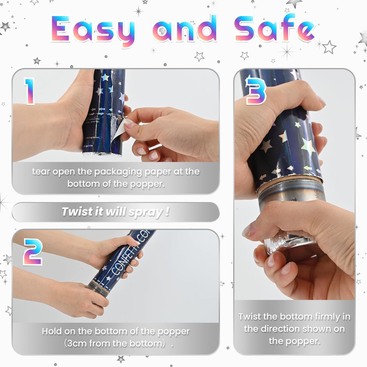 Confetti Cannon Sliver 12Pack Confetti Poppers 12Inch Confetti Party Poppers with Silver Star Confetti Bulk Streamer Blaster Shooter for New Year Christmas Birthdays,Weddings,Graduation Decorations