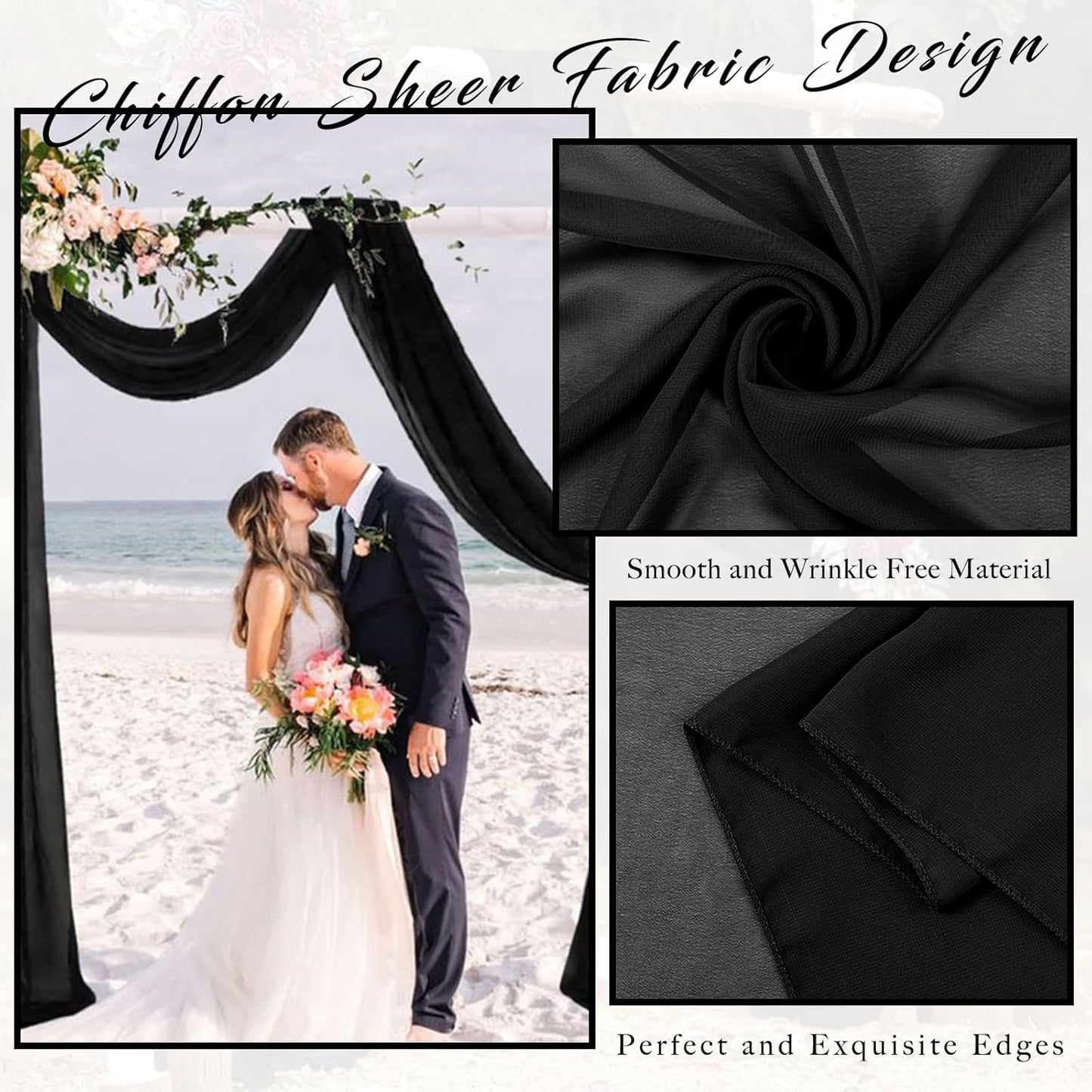 20Ft Length x 28" Width 2 Panels Wedding Arch Draping Fabric Black Arch Drapes Chiffon Fabric Sheer Curtains Backdrop for Party Decor Wedding Bridal Ceremony Ceiling Stage Reception Decorations