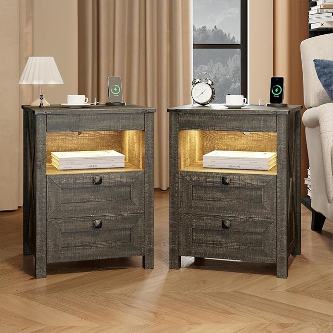 HWB Nightstands Set of 2 with Hidden Drawer, Farmhouse Bedside Table with by HWBEnjoywarmhome