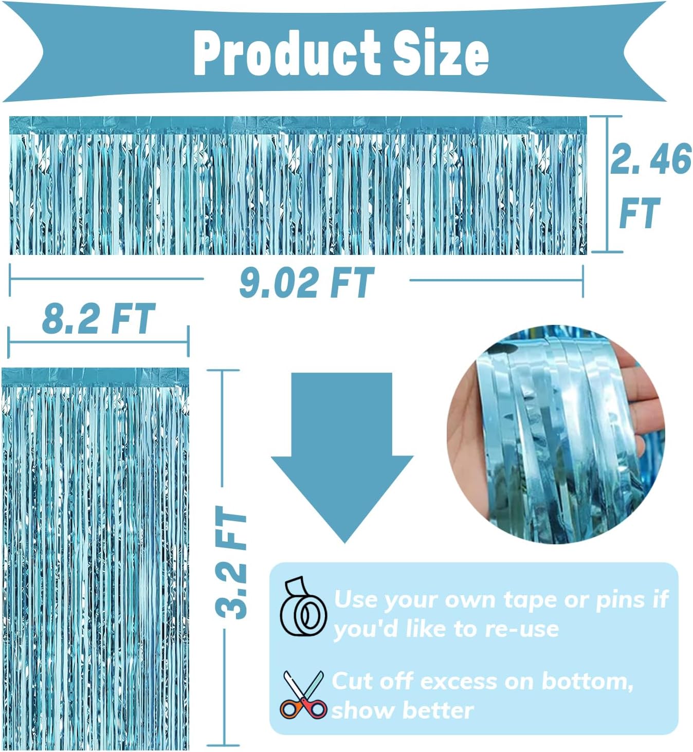 4P Metallic Foil Fringe Tinsel Table Skirts for Rectangle Tables Backdrop Banner Streamer Garland Curtains for Parade Floats Wedding Graduation Anniversary Birthday Parties Decoration(Light Blue)