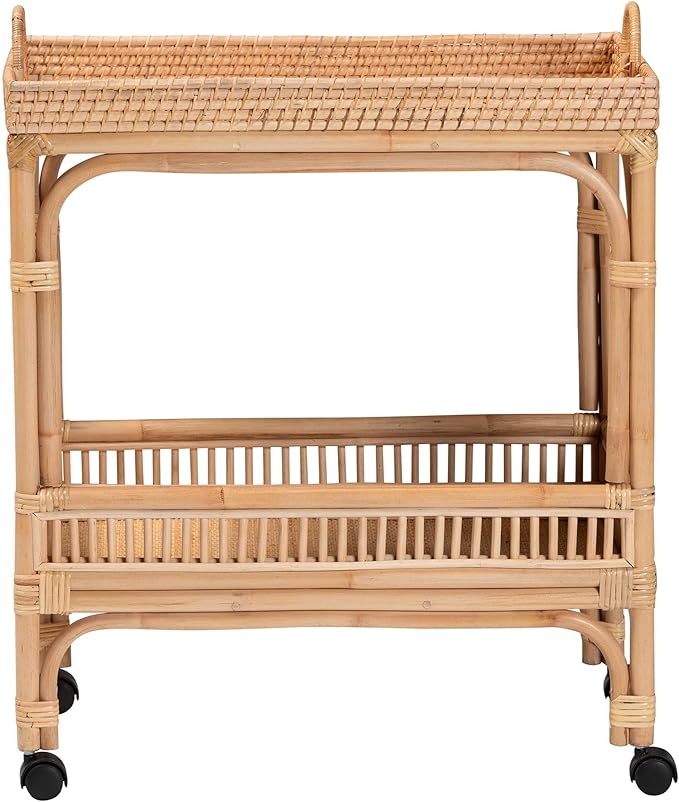 Bali & pari Lombok Modern Bohemian Natural Rattan 2-Tier Wine Cart - Image 2