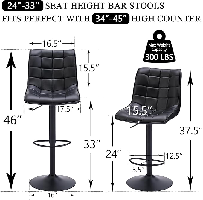 FIRAVOE Bar Stools Set of 2, Adjustable Counter Height Bar Stools 24"-33" - Image 2