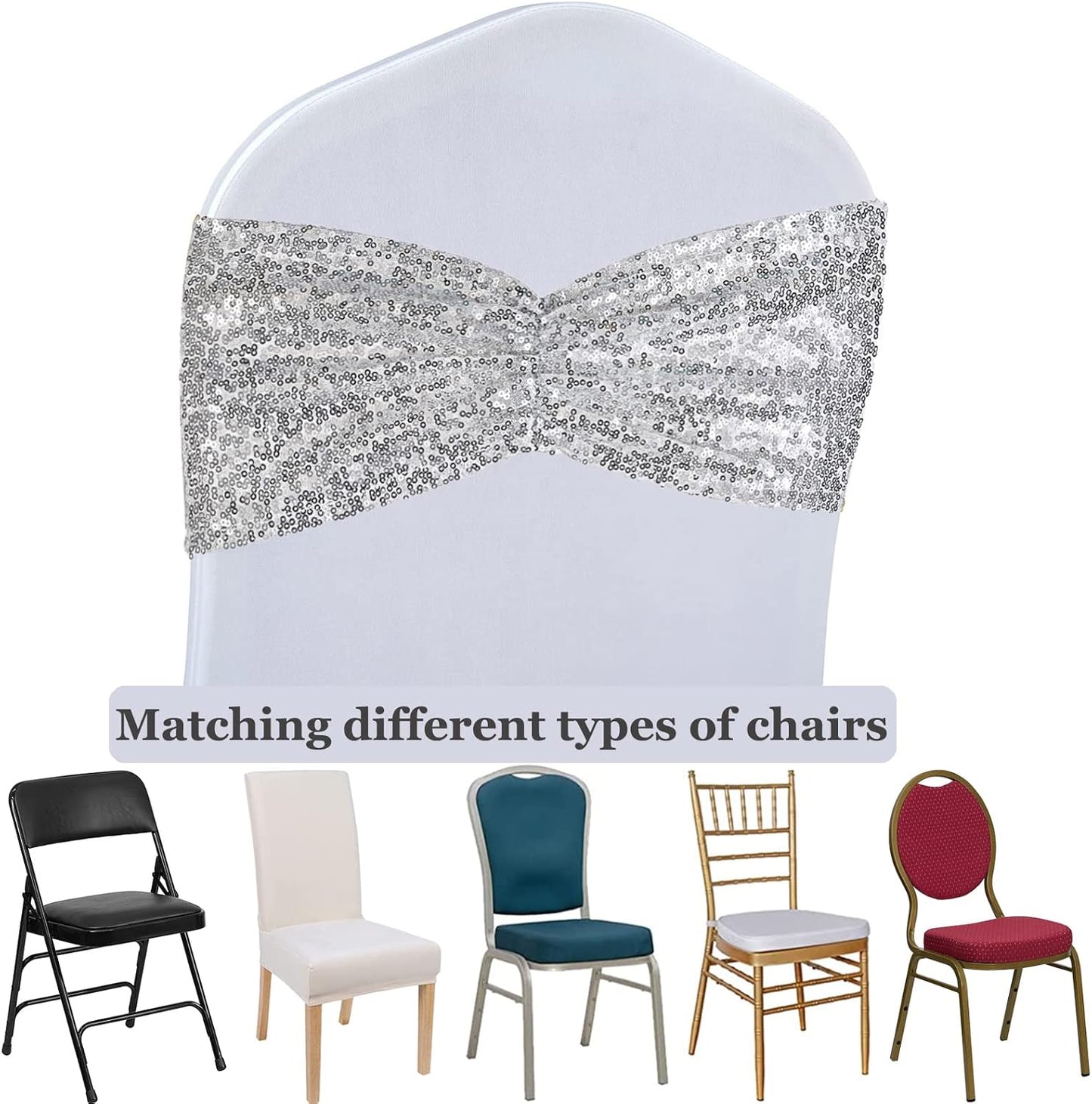 SquarePie Pack of 100 Chair Sashes Bows Sparkly Silver Sequin Chair Bands for Wedding Party Banquet Home Decor