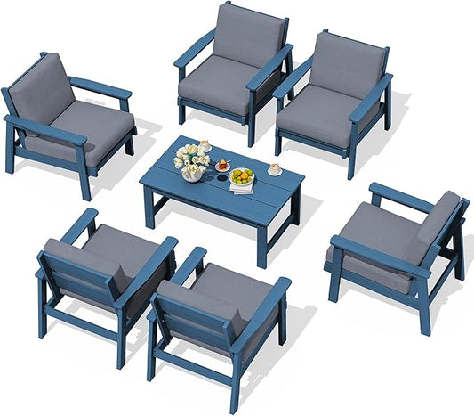 SERWALL HDPE Outdoor Furniture Set, 7 Piece All Weather Wood-Like Outdoor Sofa by SERWALL