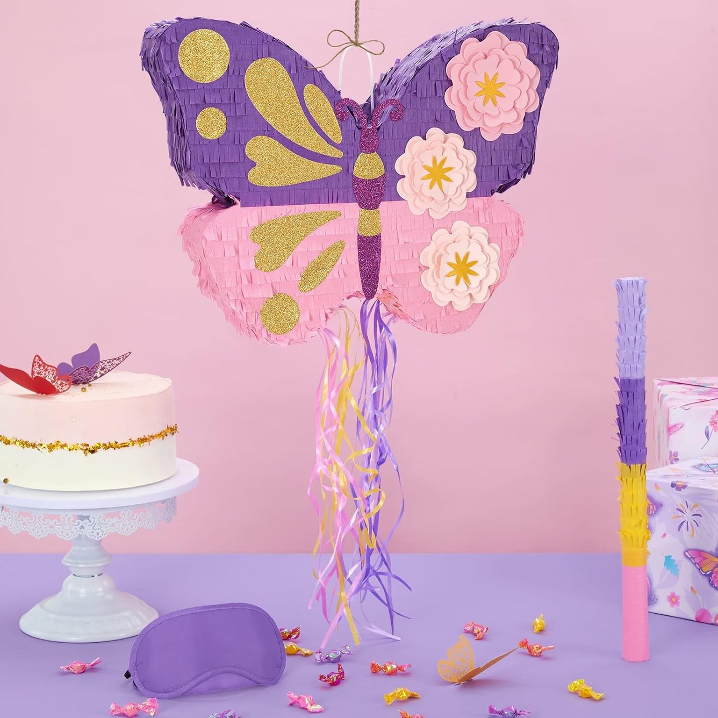 WERNNSAI Butterfly Piñata - Butterfly Birthday Party Supplies Pinata with Stick and Blindfold for Girls Kids Pull String Piñata Family Games Classroom Birthday Party Decorations 16.4” x 12.4”