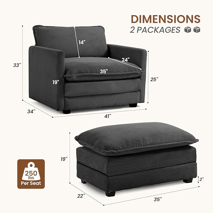 ROWHY Single Armchair with Ottoman, Modern Corduroy Cloud Couch with - Image 2