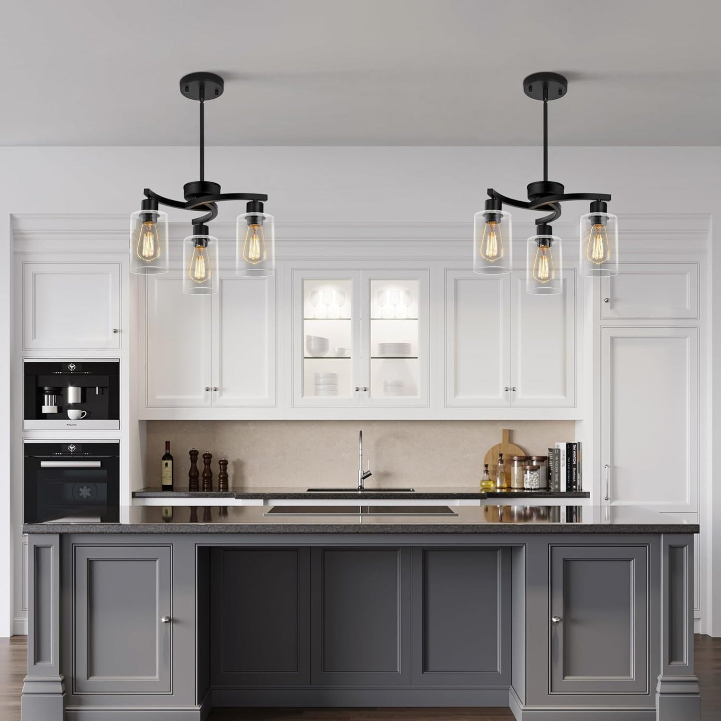 3-Light Modern Farmhouse Black Pendant Lights Kitchen Island, Adjustable Height Contemporary Chandeliers for Dining Room Light Fixture Hanging, Clear Glass Shade