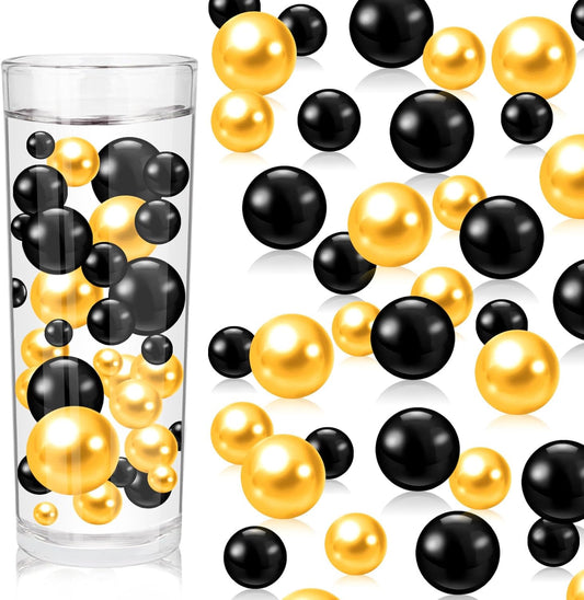 100PCS Black Gold Faux Pearls Beads for Centerpiece Vases, Vase Filler Faux Pearls, No Holes Filler Beads for Party Anniversary Graduation Table Decor, 14/20/30mm