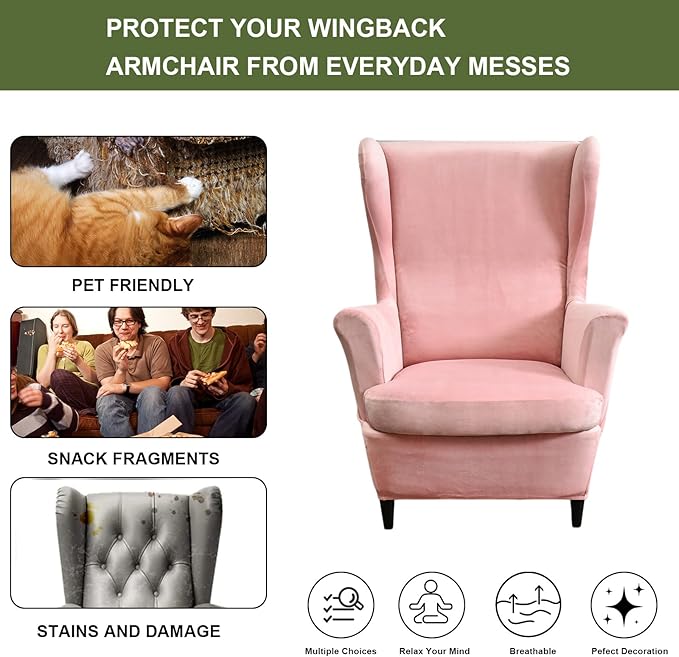 HAOYONG Velvet Wingback Armchair Covers 2-Piece Elastic Stretch Wingback Chair - Image 5