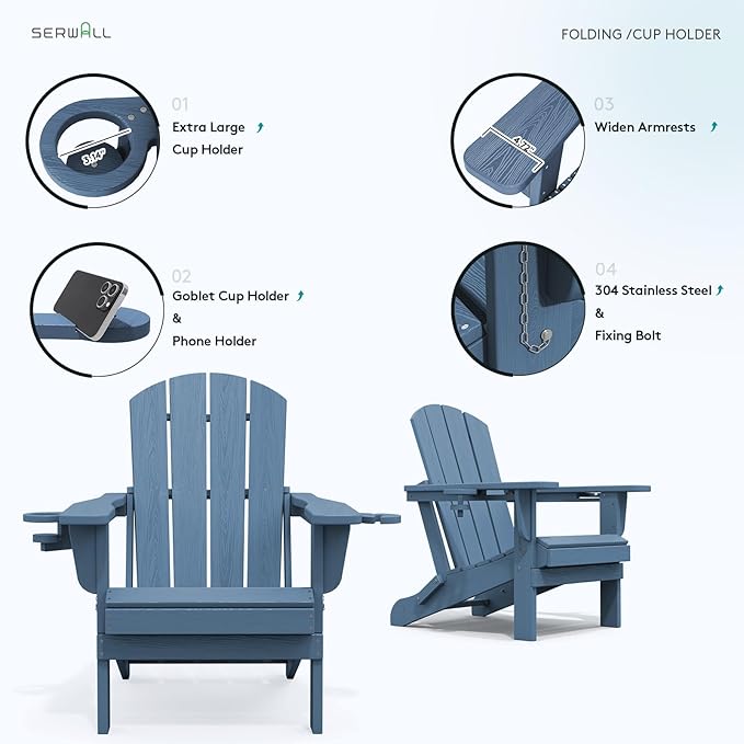 SERWALL Folding Adirondack Chair, HDPE Adirondack Chairs Set of 4, Plastic - Image 4