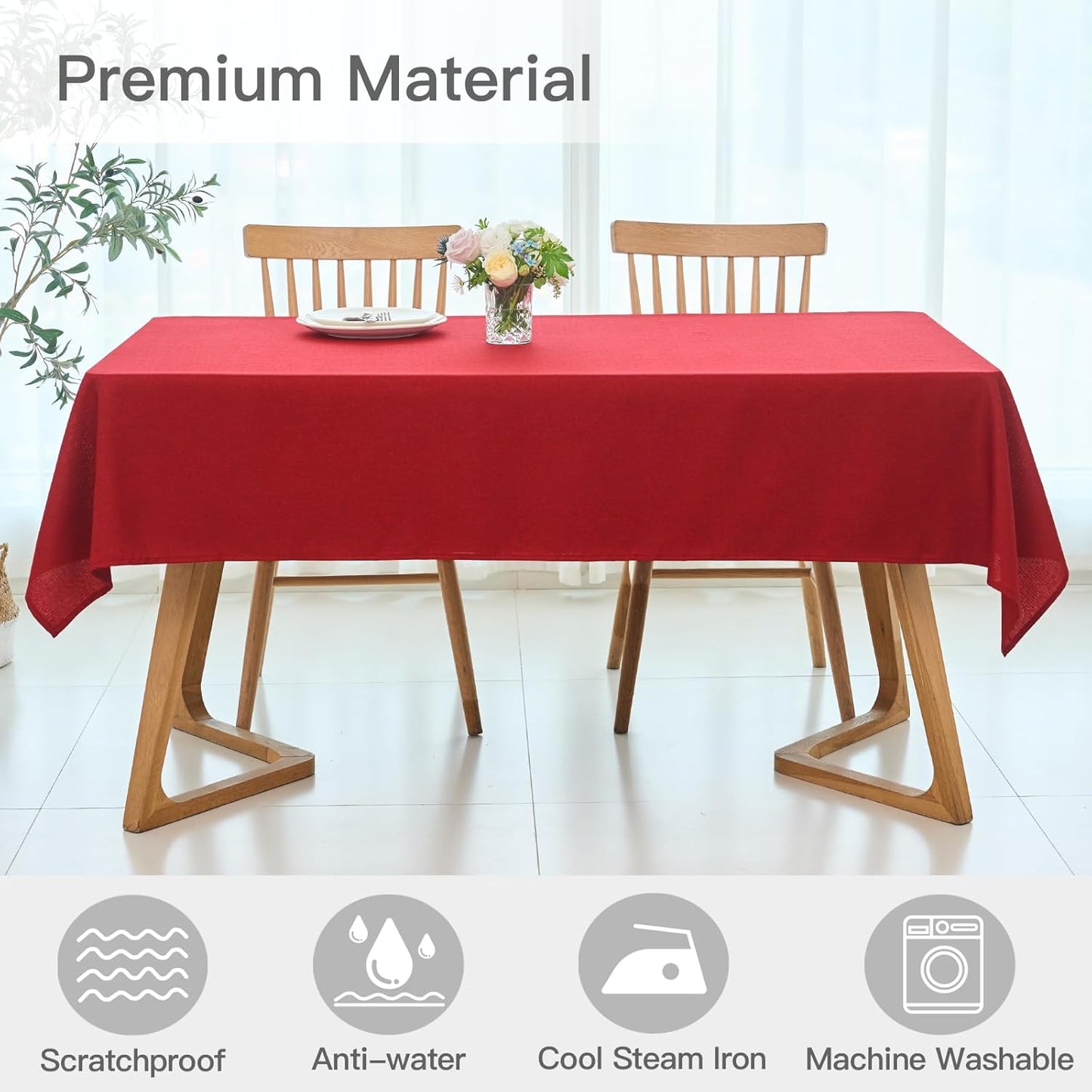 maxmill Linen Textured Rectangular Tablecloth Water Resistant Wrinkle Free Spill-Proof, Soft Table Cloth for Dining Room Christmas Decoration, Banquet Party Holiday Webbing Dinner, 60 x 84 Inch Red
