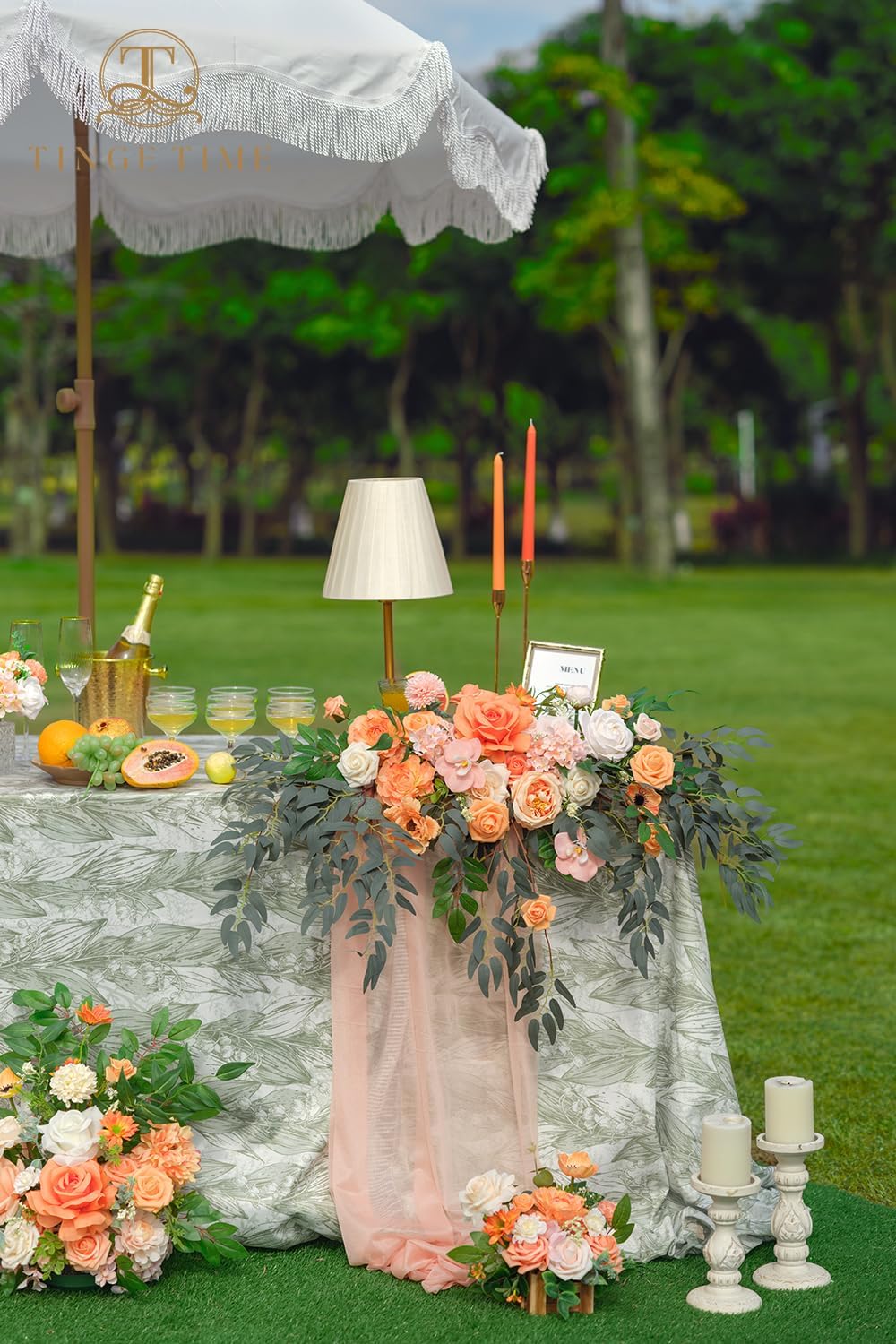 TINGE TIME Artificial Sweetheart Flower Swag with Table Cloth and Table Runner, Pack of 3 Floral Arrangement for Wedding Sweetheart Table Centerpiece Decoration (CoralPink&Champagne)