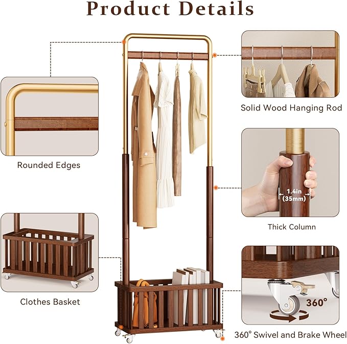Taitiy Clothes Rack Solid Wood Coat Rack, Metal and Solid Wood Combination - Image 4