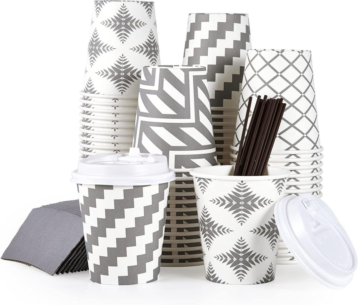 LITOPAK 100 Pack 10 oz Paper Coffee Cups with Lid, Sleeve, and Straws, Four Designs of Disposable Hot Coffee Cups for Home, Stores, and Cafes