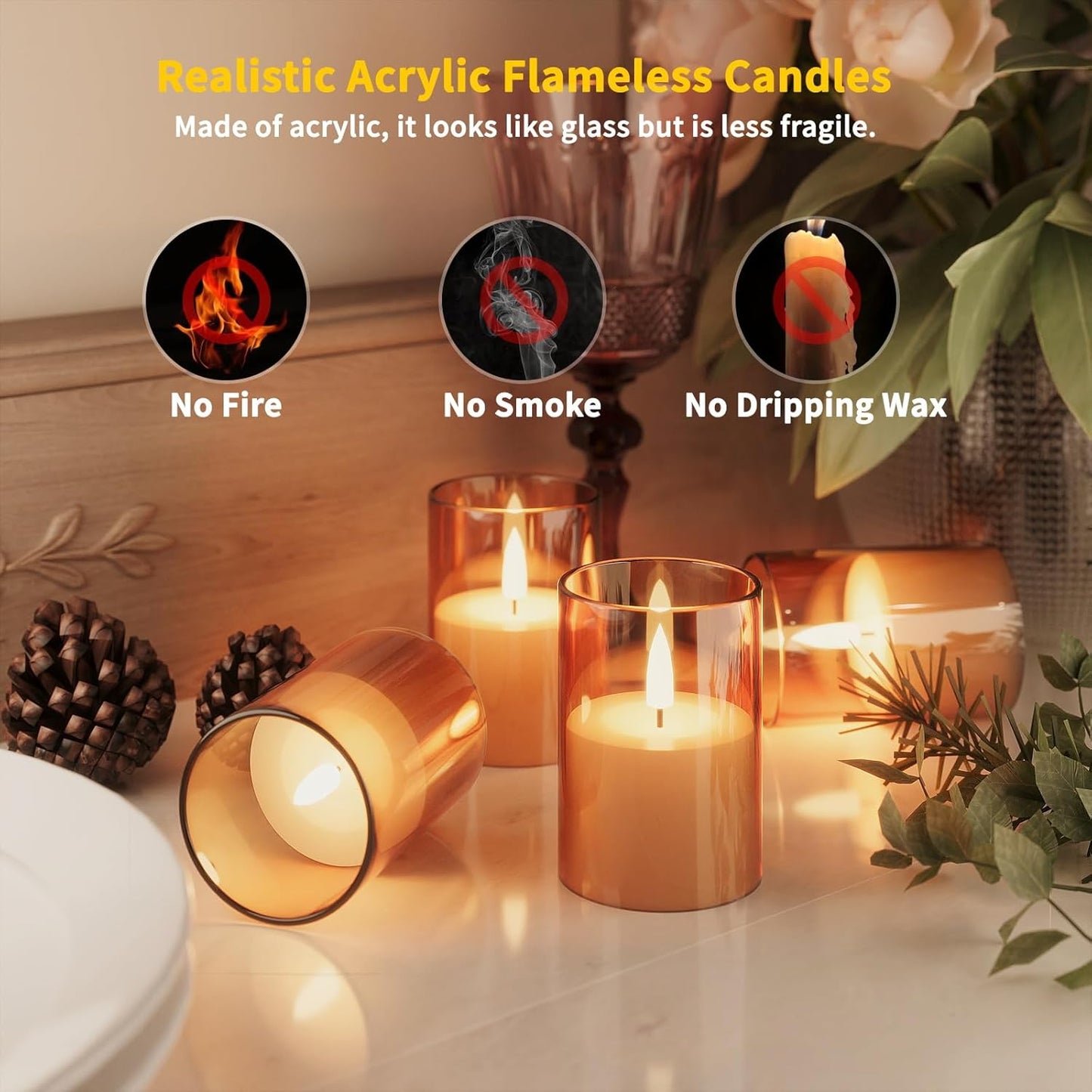 12Pack Flickering Flameless LED Candles with Timer, Battery Powered - Small Pillar & Votive, Acrylic Made, Gold (2"X3")