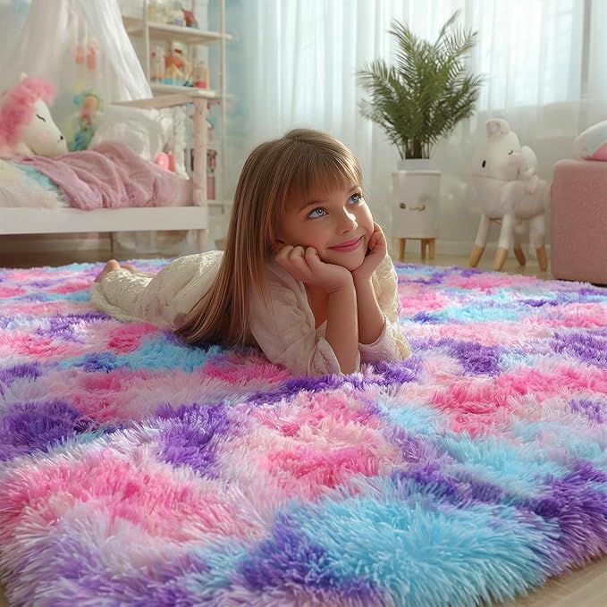 PAGISOFE Rainbow Purple Rugs for Girls Bedoom 5x8 Ft, Fluffy Cute Colorful - Image 5