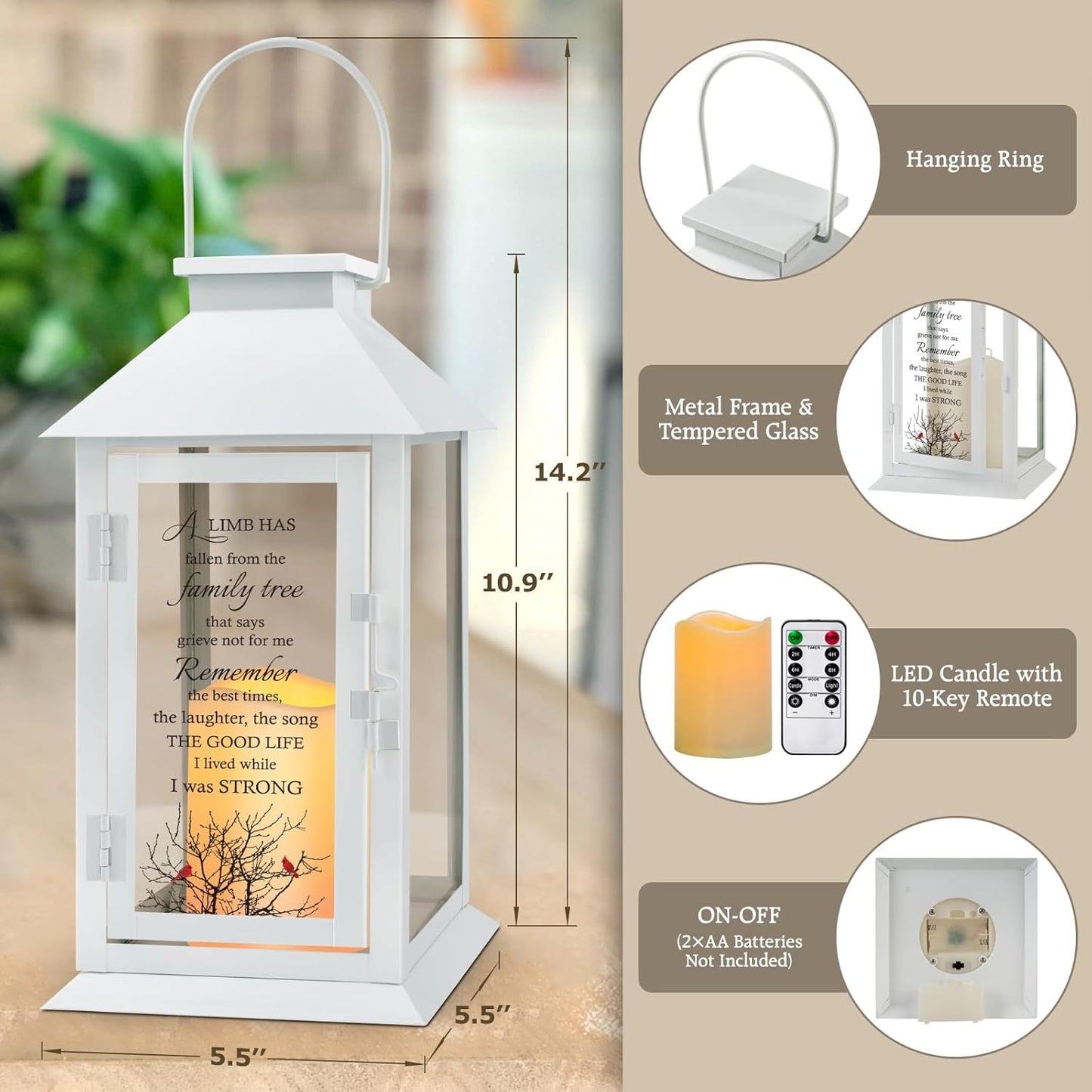 Memorial Lantern Bereavement Gifts in Memory of Loved One - Remembrance Sympathy Gifts for Loss of Mother or Father with LED Candle and Remote