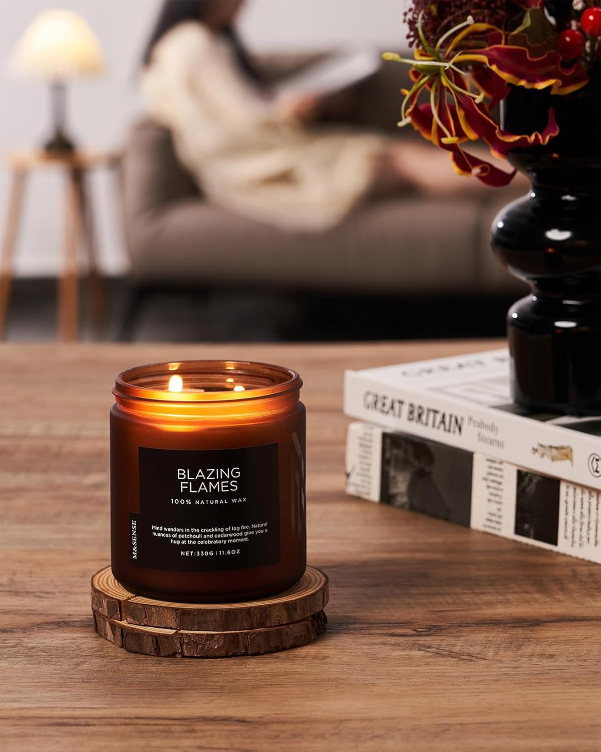 M&SENSE Blazing Flame Scented Candles with Log Fire - Cade & Patchoulli Scent, 70 Hours 11.6oz Natural Soy Wax for Home Decor Housewarming Gift, 2 Cotton Wick Candle for Celebration