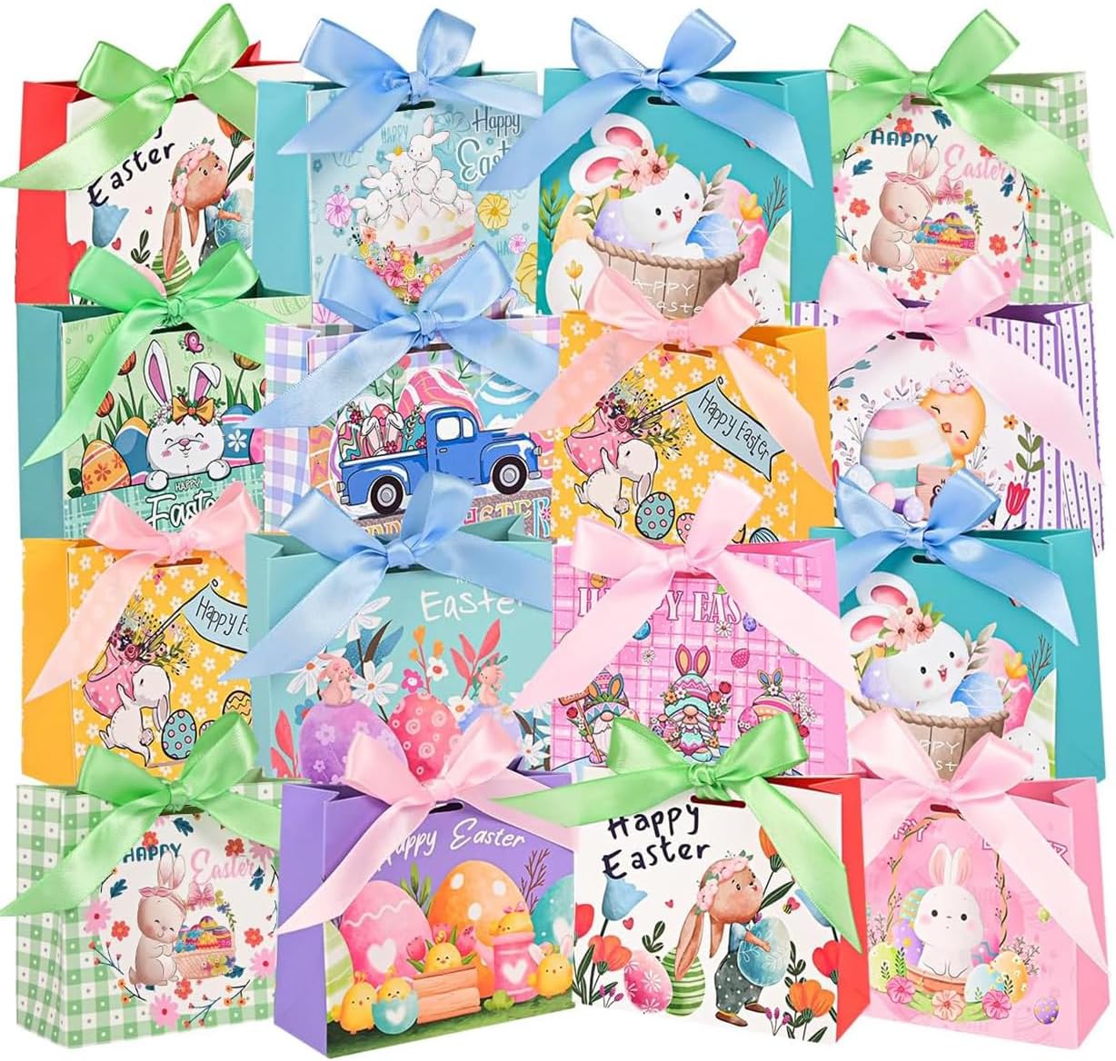 24Pack Small Easter Bags for Goodies,4.5×3.9×1.8inch Small Easter Treat Bags for Kids, Candy, Gifts Wrapping, Party Supplies 12 Unique Pattern