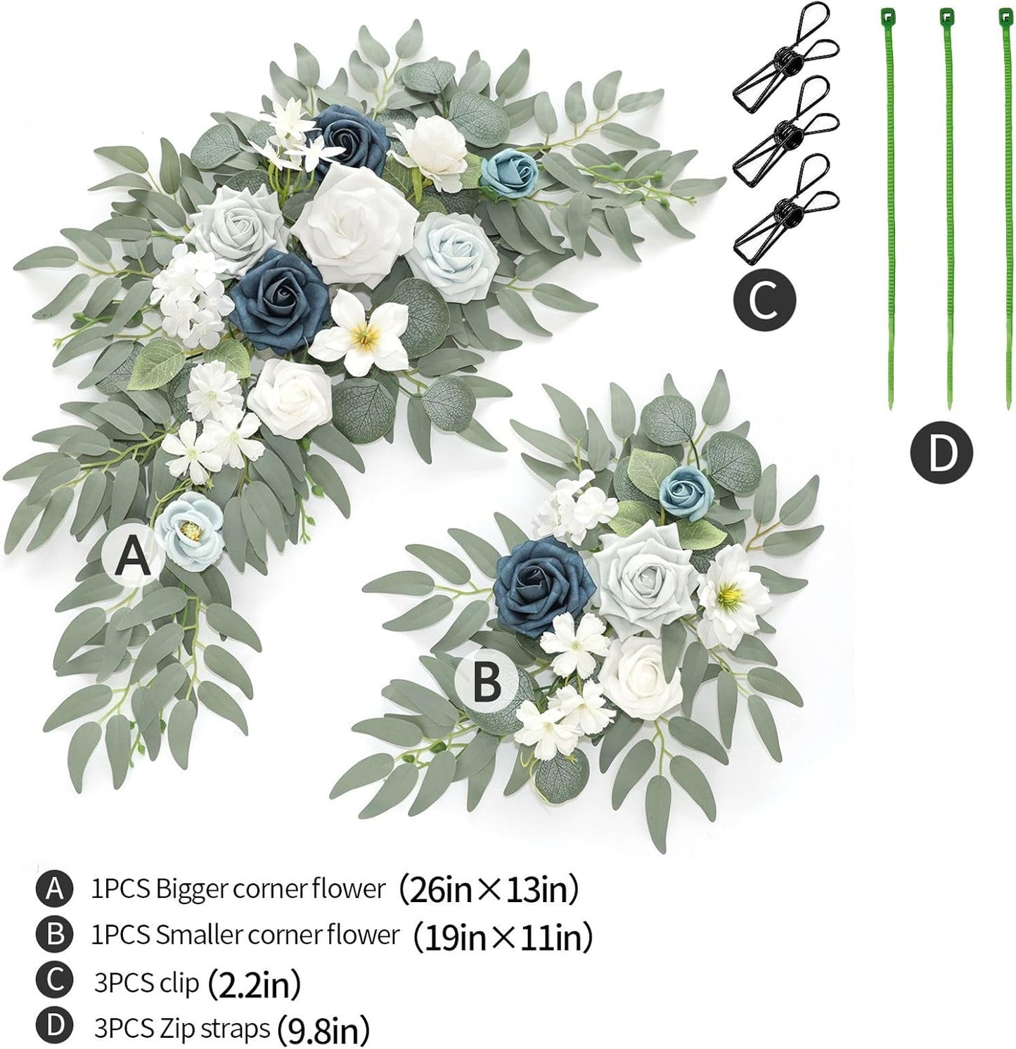 Faux Flower Swag Set of 2 for Wedding Welcome Signs Floral Swag Wedding Reception Ceremony Signs Decor (A-White Blue)