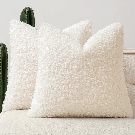 Faux Fur Throw Pillow Covers 20x20 Inch Set of 2 Boucle Neutral Decorative by Woaboy