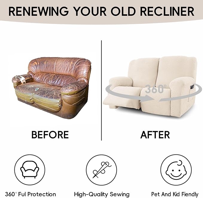 Recliner Loveseat Covers, 4-Piece Stretch Geometric Strokes Jacquard Reclining - Image 6