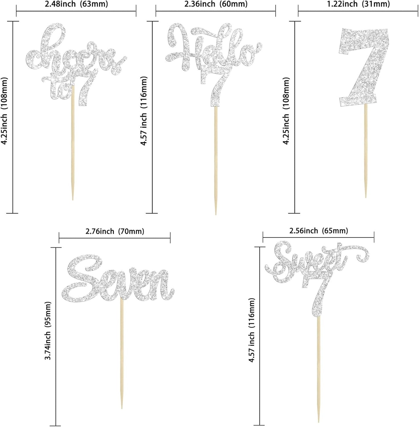 30Pcs 7th Birthday Cupcake Toppers Glitter Seven Happy 7 Cupcake Picks Cheers to 7 Years Old Cake Decorations for 7th Birthday Party Supplies Silver