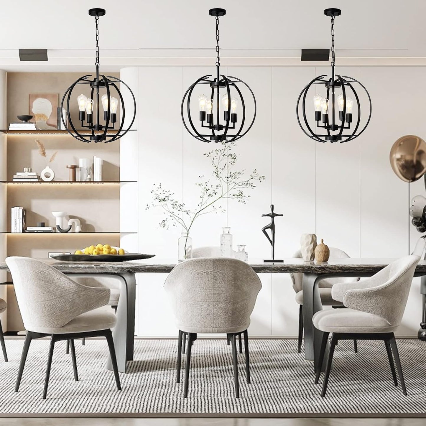 Large Lantern Globe Black Chandelier Lighting, Farmhouse Chandelier Adjustable Pendant Lighting Fixtures Hanging Ceiling 4 Light for Kitchen, Dining Room, Living Room, Hallway