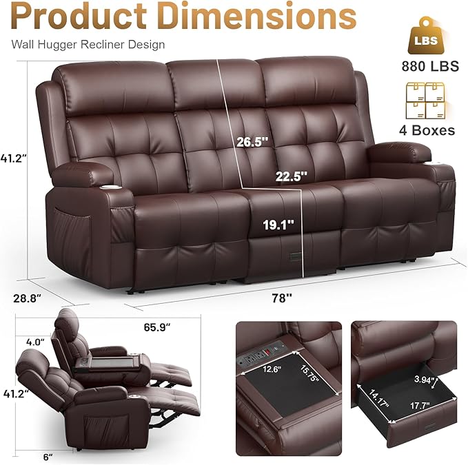 3-Seater Loveseat Recliner Sofa, RV Wall Hugger Home Theater Seating Reclining - Image 2