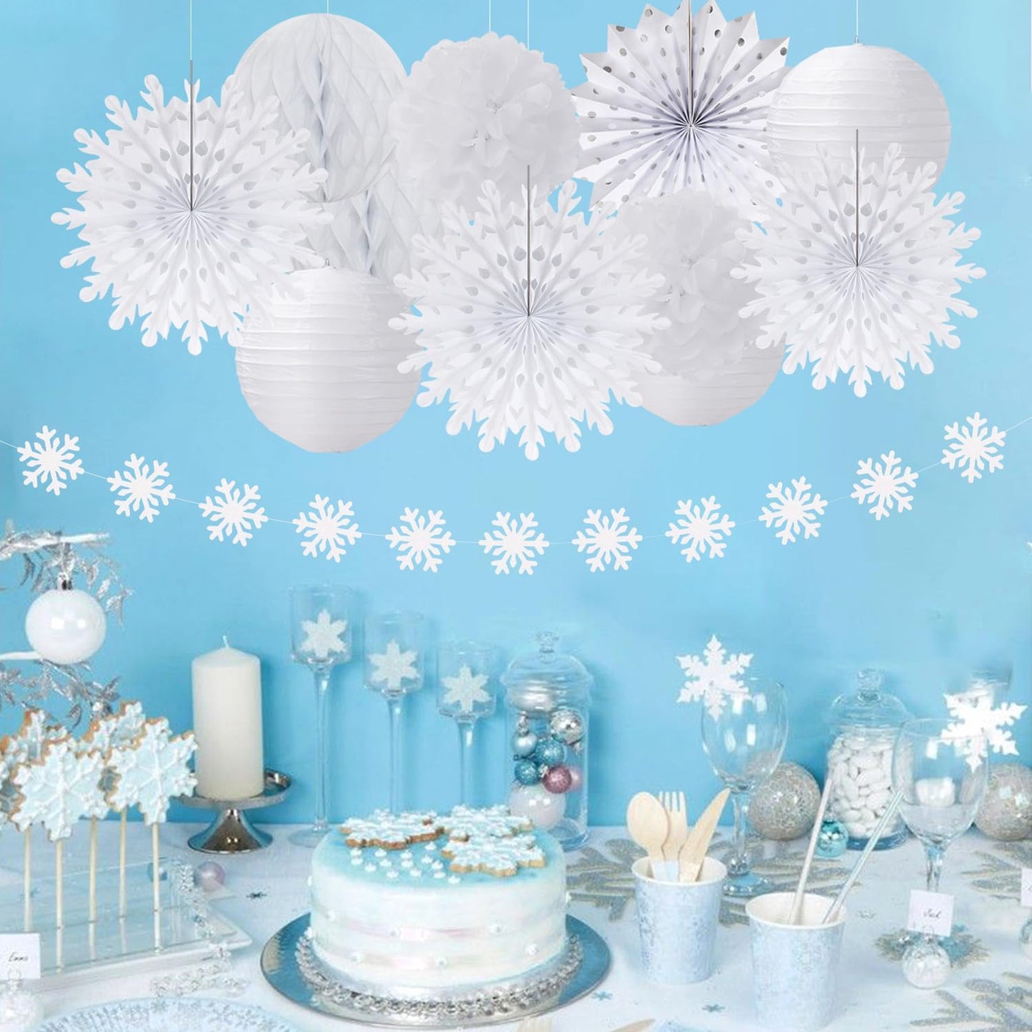 Winter-Wonderland Christmas-Snowflake White Party-Decorations - 21pcs Wedding Baby Shower Snow Banner,Paper Lanterns Honeycomb Streamers,Tissue Pom Poms Flower Fan,Classroom Hanging Decor Huglony