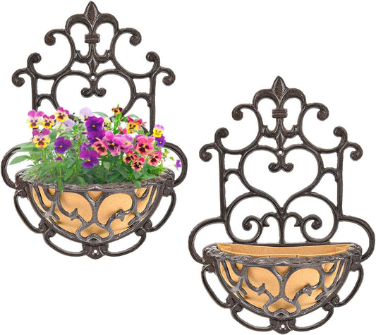 Sungmor 2 Pack Wall Hanging Planter Basket with Fabric Liner, Antique Victoria Style Cast Iron Wall Planter Holder, Outdoor Railing Fence Balcony Metal Hanging Basket Half Round Flower Pots