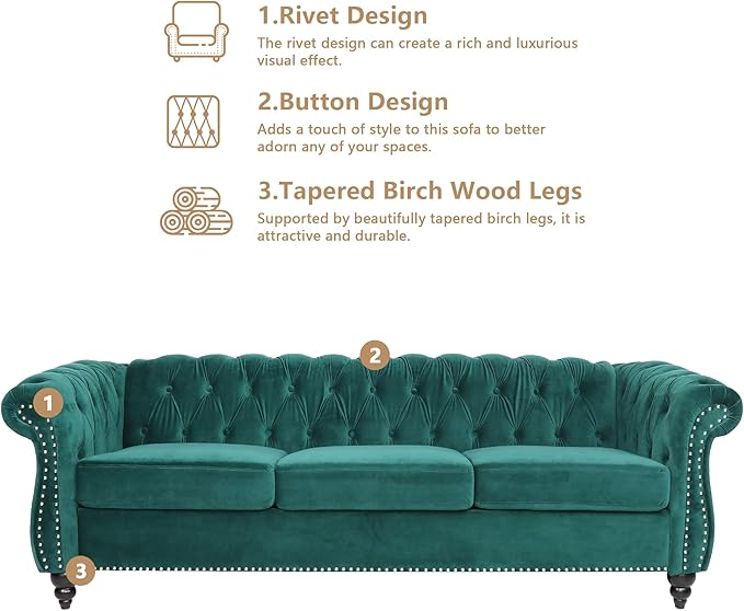 Chesterfield 3 Seater Sofa, Modern Velvet Tufted Couch 3 Seater - Image 6