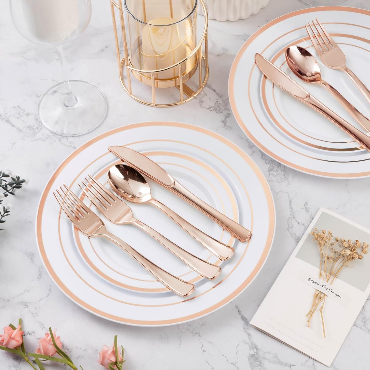 600PCS Rose Gold Plastic Plate Set (100 Guests), Plastic Plates for Party Wedding Birthday, Disposable Dinnerware Set of 200 Plates, 200 Forks, 100 Spoons, 100 Knives for Christmas