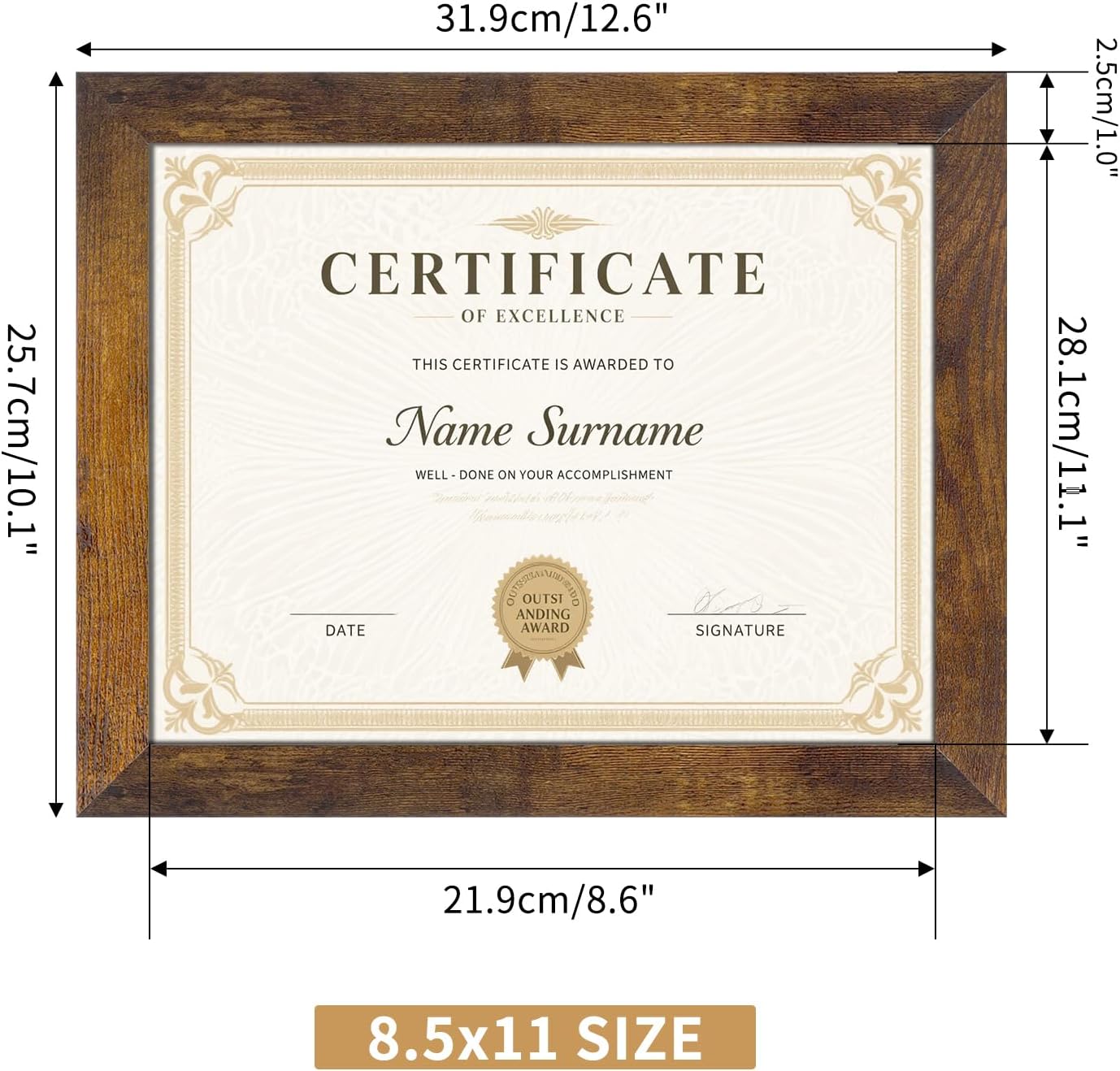 PETAFLOP 8.5x11 Picture Frame Rustic Certificate Frames Wall Tabletop Display Horizontally or Vertically, 7 Pack