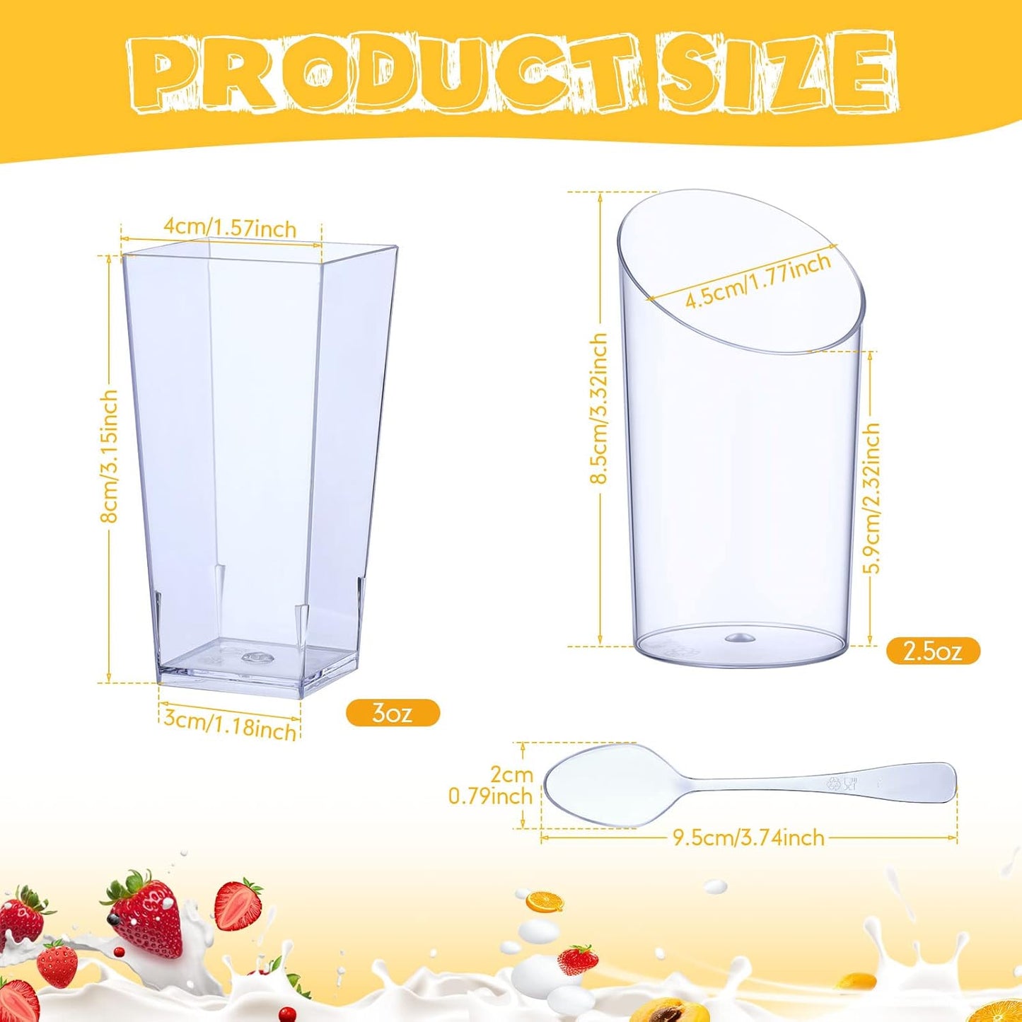 Nuogo 100 Pcs Mini Dessert Cups with Spoons Include 3 oz Square Plastic Appetizer Cups 2.5 oz Slanted Round Parfait Shooter Cup Small Clear Mousse Pudding Cup for Wedding Baby Shower Birthday Party