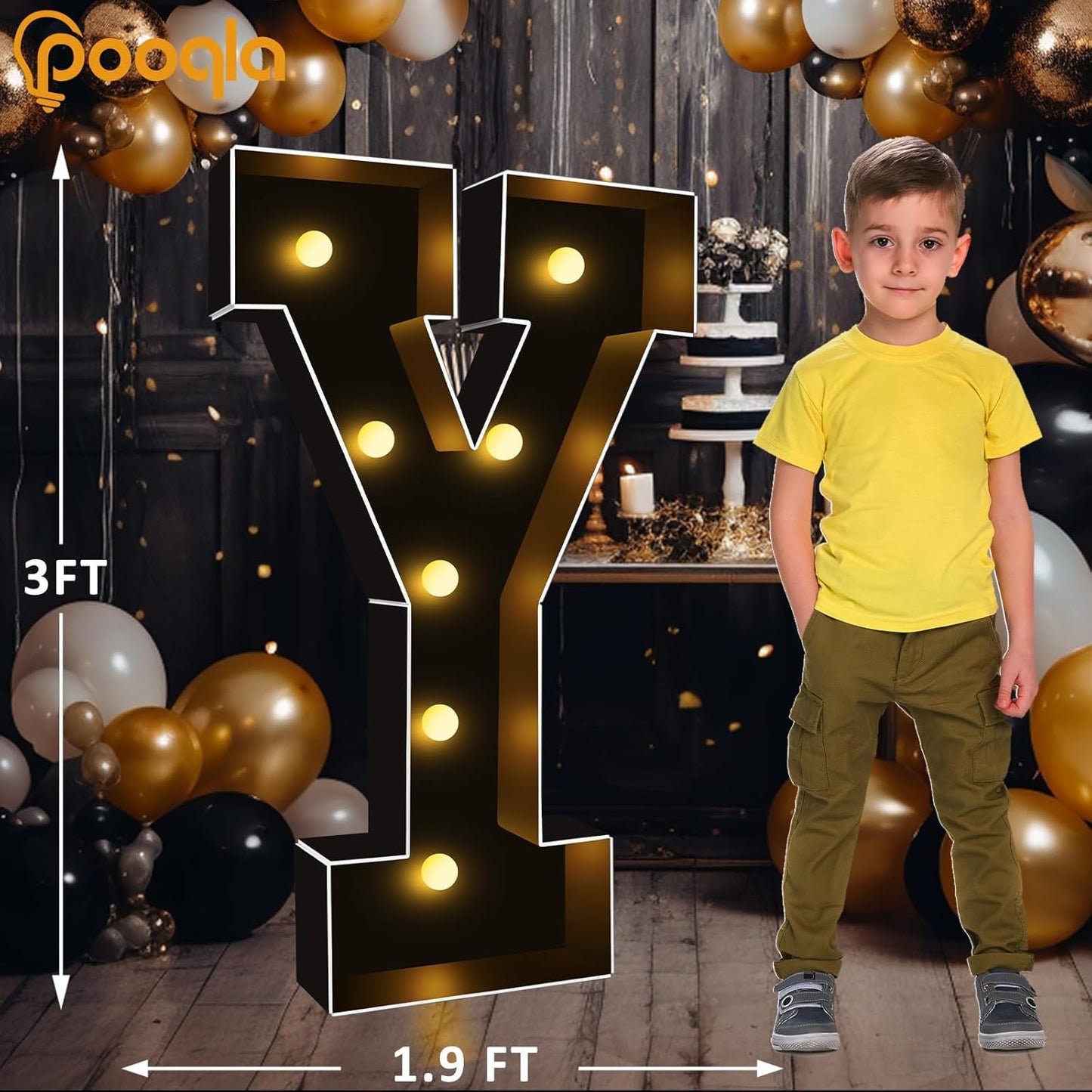 Pooqla 3 FT Marquee Light Up Letters, Black Marquee Letter Lights 3 Feet Tall, Giant LED Sign Big Mosaic Letters for Balloons Birthday Party Anniversary Wedding Decorations, Warm White Y