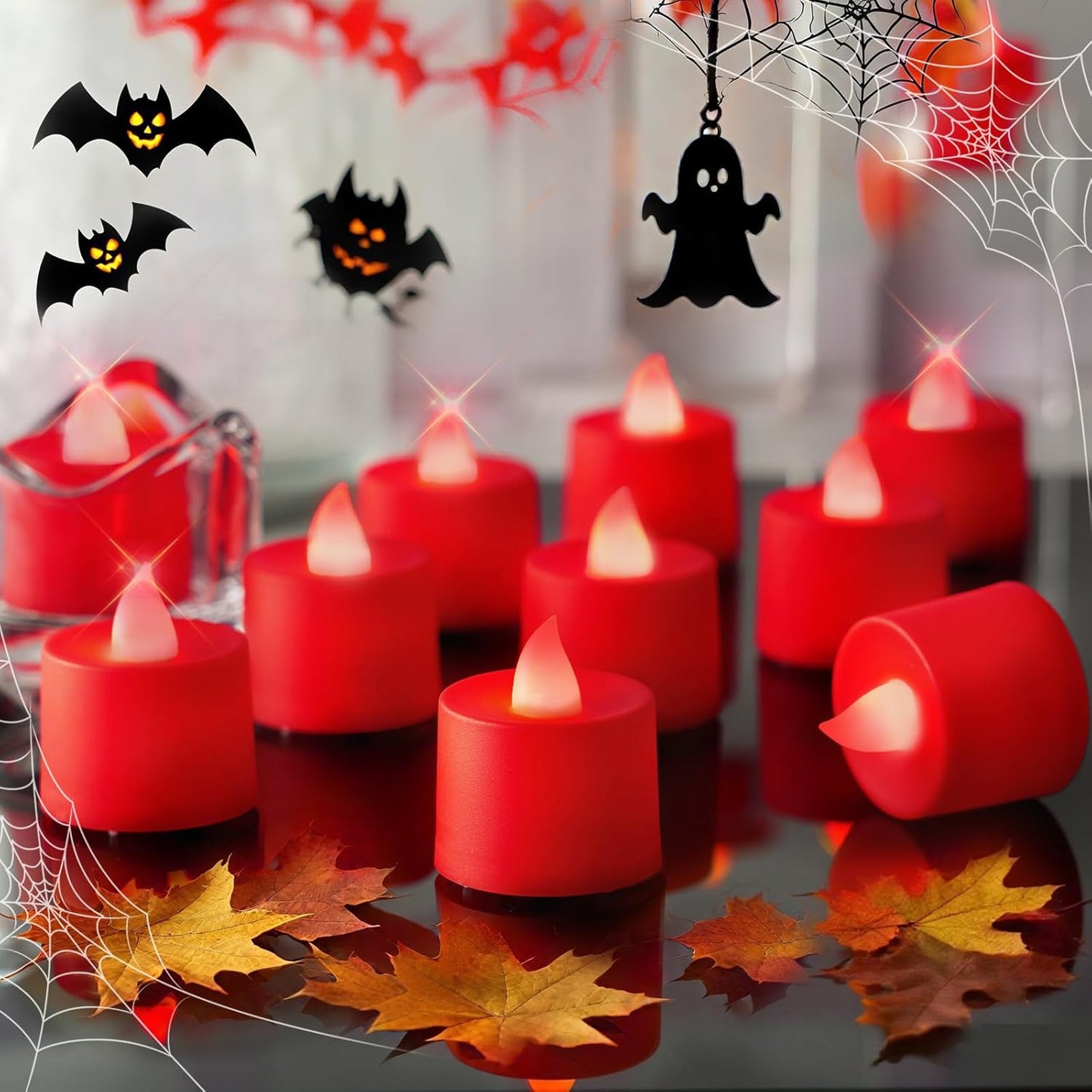 Amagic 24 Pack Red LED Tea Lights, Flameless Votive Candles Battery Operated, Electric Fake Colored Tealights Candles for Party, Halloween, Christmas, Aniversary, Wedding Table Centerpiece, Proposal